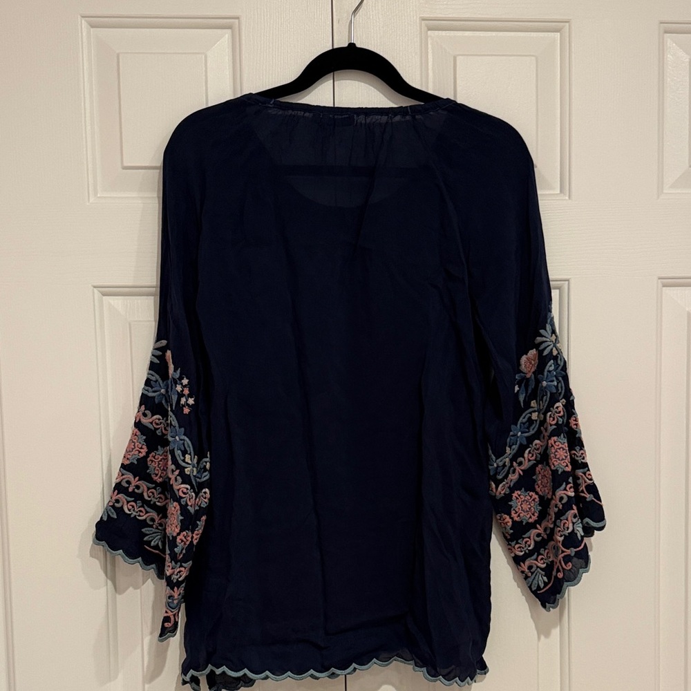 Johnny Was Navy Embroidered Boho Tunic with Pink & Light Blue Accents - Picture 3 of 3